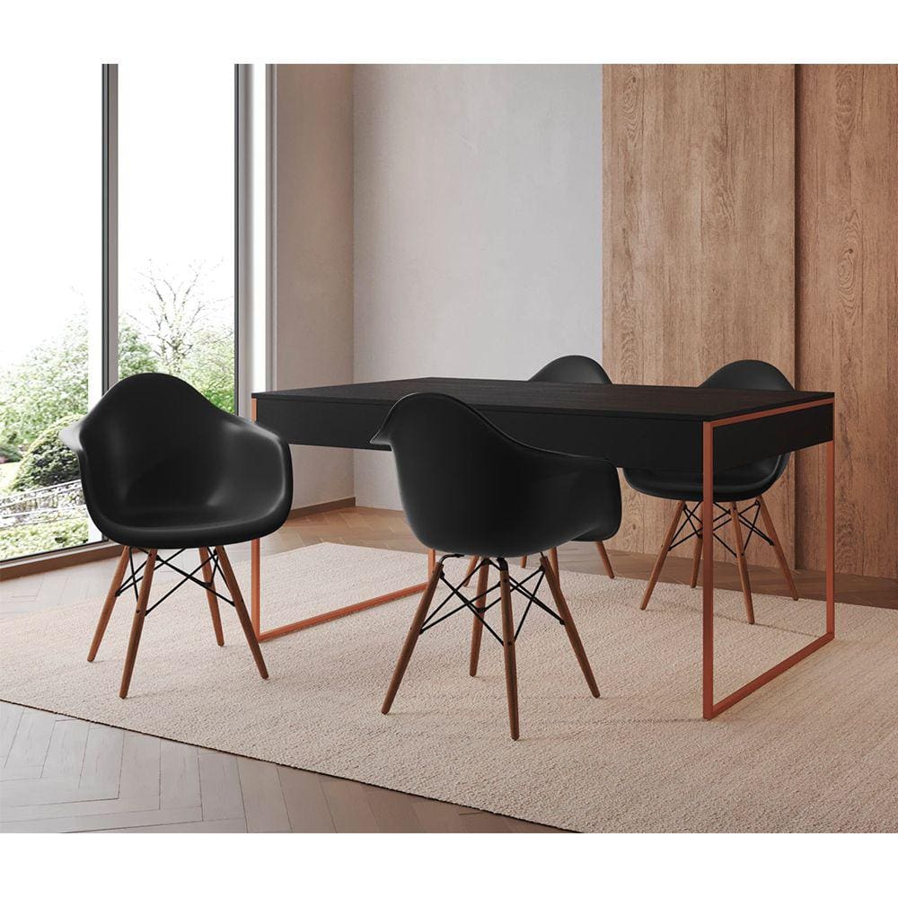 Mesa Jantar Industrial Filadélfia Preta 137x90cm Base Cobre com 4 Poltronas Pretas Eames Eiffel Made