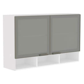 Armário Aéreo 120 cm 2 Portas Branco com Nicho e Vidro Reflecta Prata Pérola Luciane Móveis