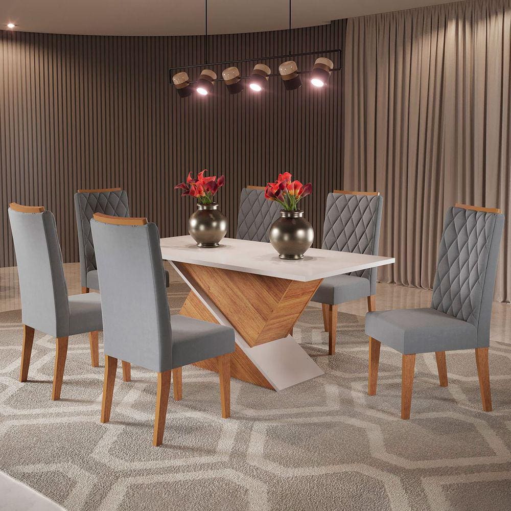 Mesa de Jantar 6 Lugares Poliana Blonde/Veludo Cinza - Panorama Móveis