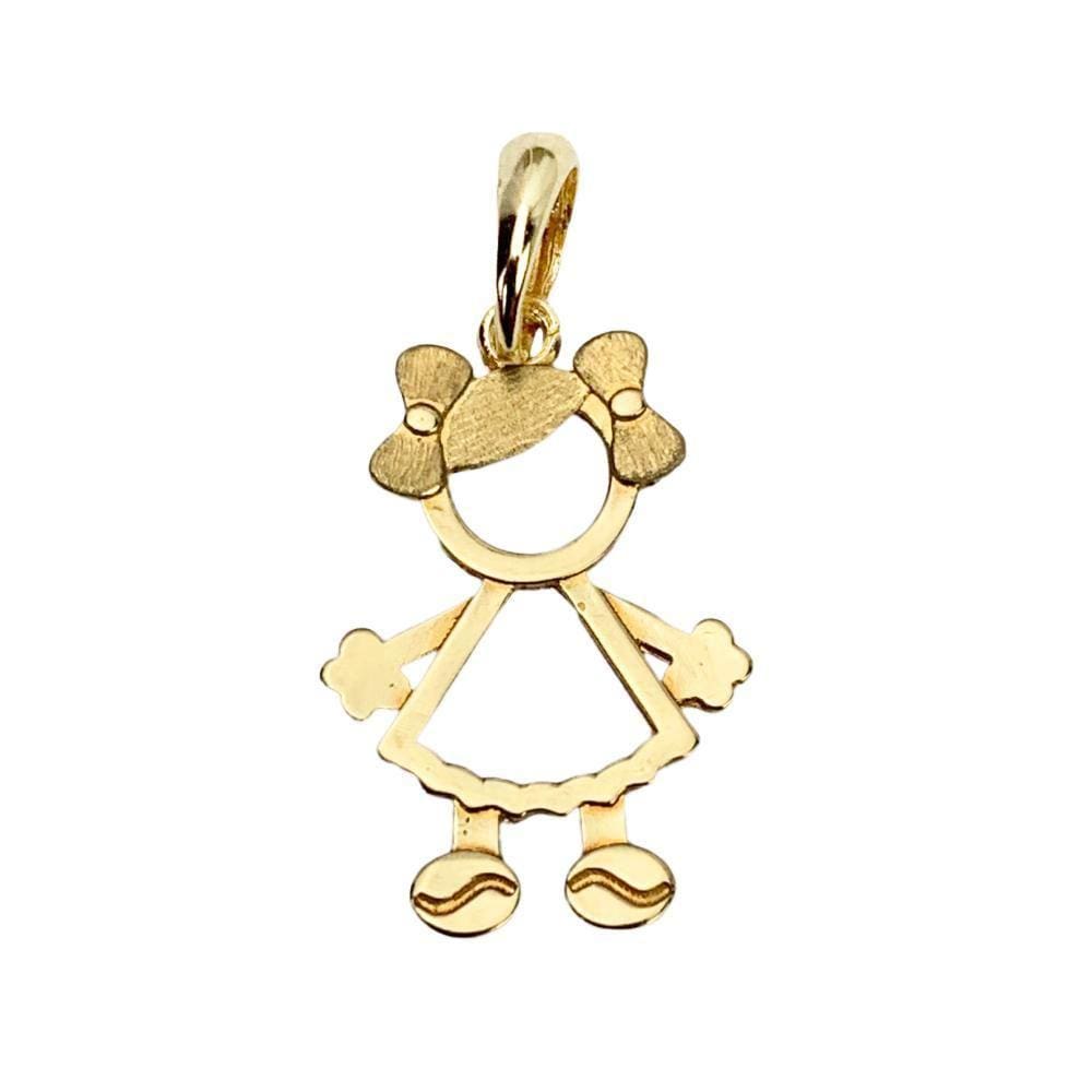 Pingente Menina Com Laço Vazado 2Cm Em Ouro 18K
