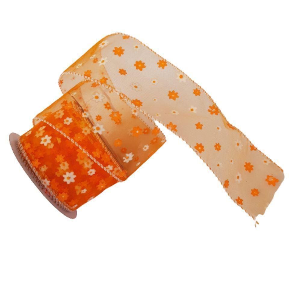 Fita Aramada Voal Laranja Com Mini Flores Comp 9.14m