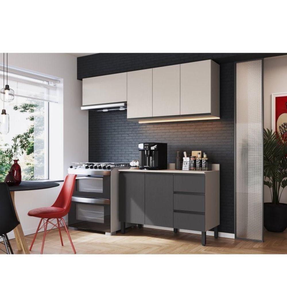 Cozinha Modulada 4 Peças Tampo Aéreo 3 Portas Balcão 2 Portas 3 Gavetas Quiditá Fumê/Grafite