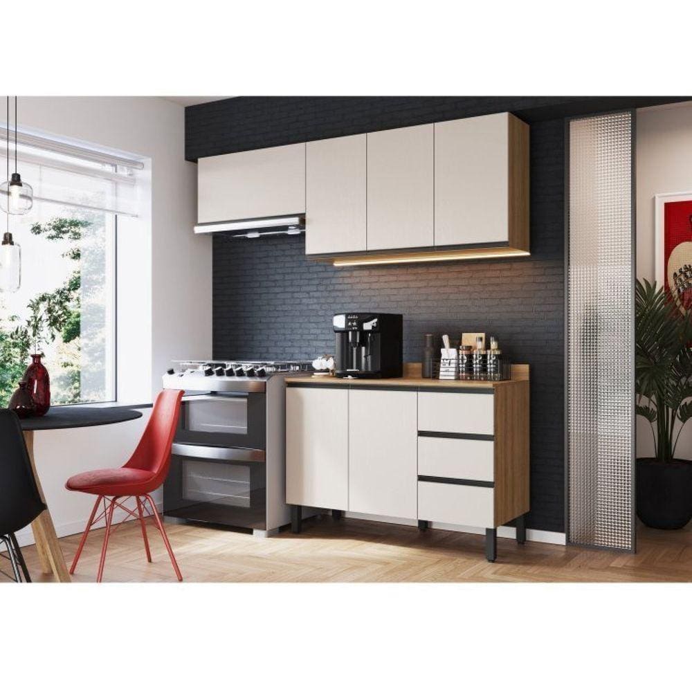 Cozinha Modulada 4 Peças Tampo Aéreo 3 Portas Balcão 2 Portas 3 Gavetas Álamo Quiditá Montana/Fumê