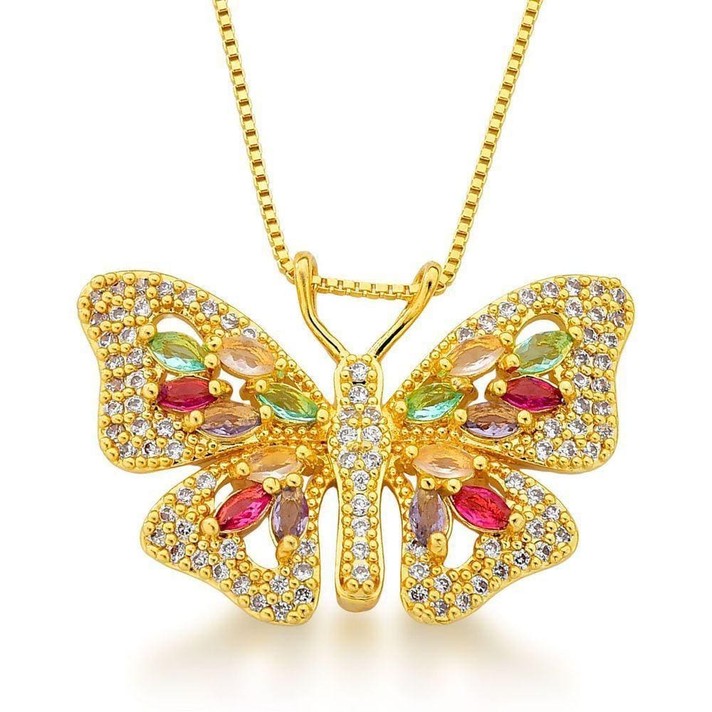 Colar Borboleta Cravejada Com Zirconias Banhado A Ouro 18k- Colorida