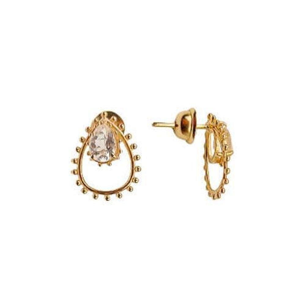 Brinco Gota Quartzo Cristal Em Ouro 18K