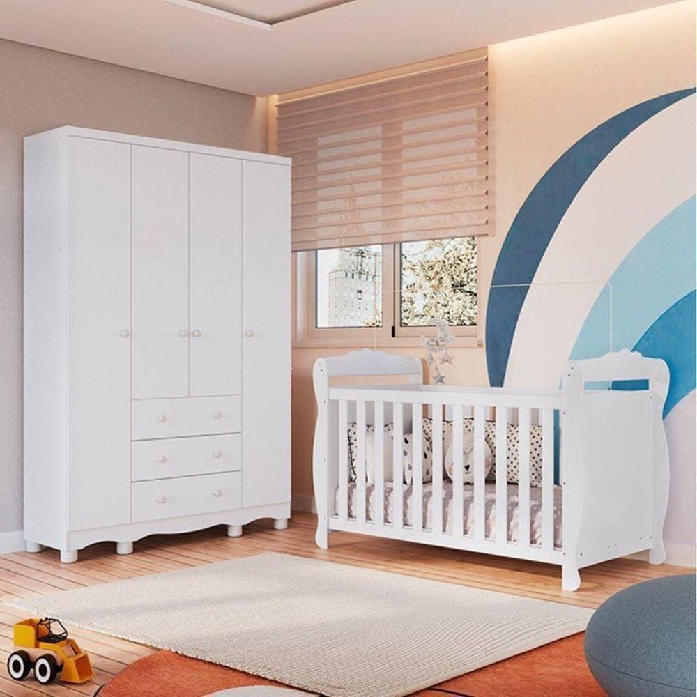 Quarto de Bebê com Guarda Roupa 4 Portas e Berço Americano Nina Espresso Móveis Branco Brilho