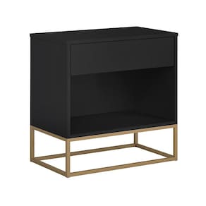 Mesa de Cabeceira Malta Preta Com Pés de Ferro Dourado