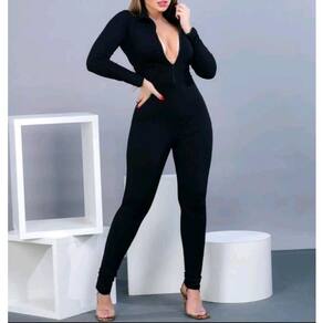 Macacão longo manga longa com zíper frontal feminino elegante