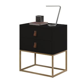Mesa de Cabeceira Estilo Industrial 2 Gav. Puxador Couro Europeu Preto/Dourado