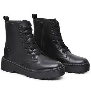 Bota Feminina Coturno Couro Tratorada Cano Alto Cadarço