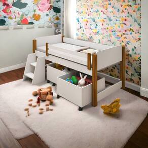 Cama Infantil Paty Branca com Colchão Baús e Escadinha