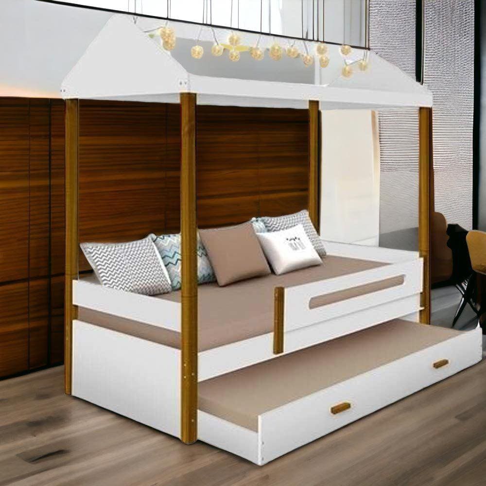 Cama Casinha Lara Branca com Auxiliar e LED