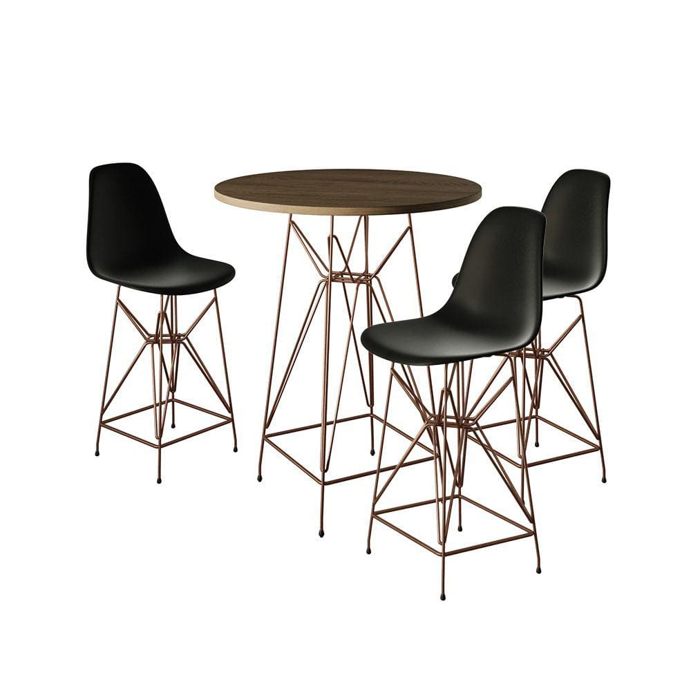 Jogo Mesa Bistrô Eames Eiffel Amêndoa 60cm 3 Banquetas Preta Base Ferro Cobre
