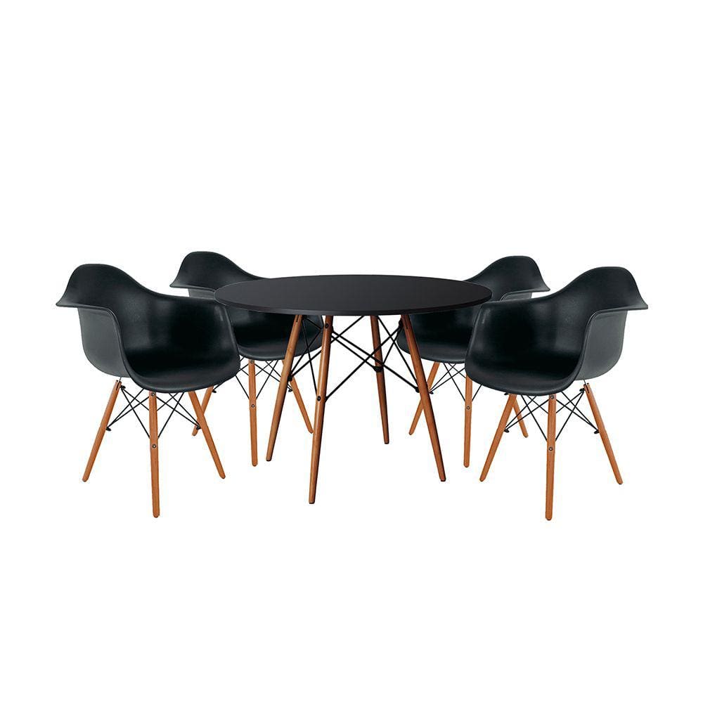 Mesa de Jantar Redonda Eiffel Eames em Madeira 110cm Preta com 4 Poltronas Pretas