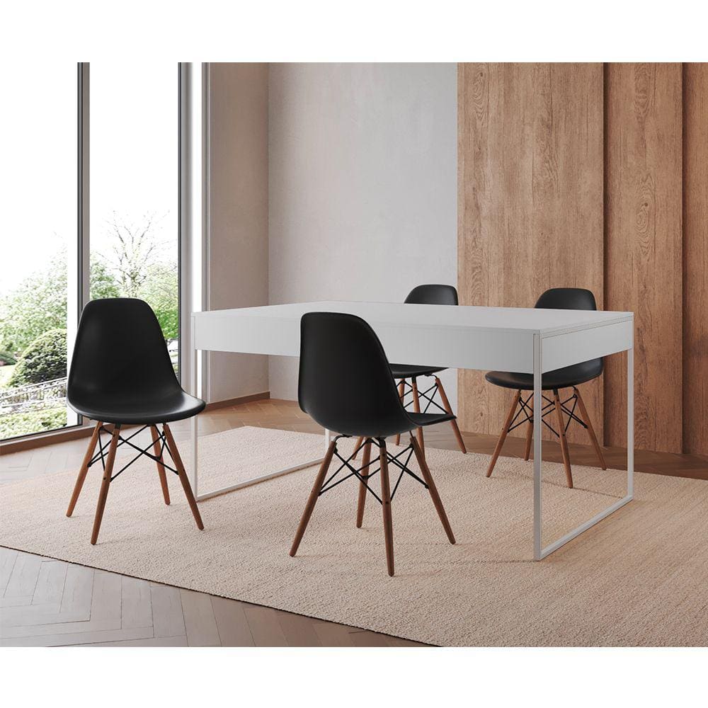 Mesa Jantar Industrial Retangular Filadélfia Branca 137x90cm Base Ferro Branco com 4 Cadeiras Pretas
