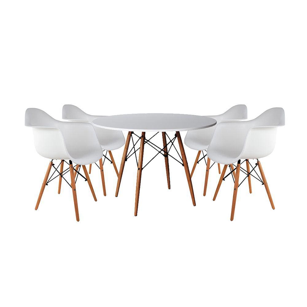 Mesa de Jantar Redonda Eiffel Eames em Madeira 90cm Branca com 4 Poltronas Brancas