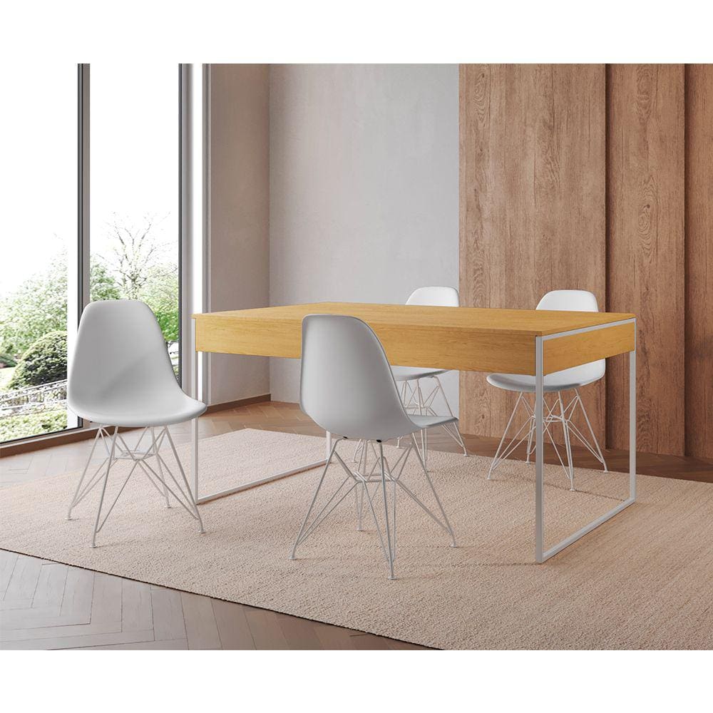 Mesa Jantar Industrial Retangular Filadélfia Canela 137x90cm com 4 Cadeiras Brancas Eames Base Ferro