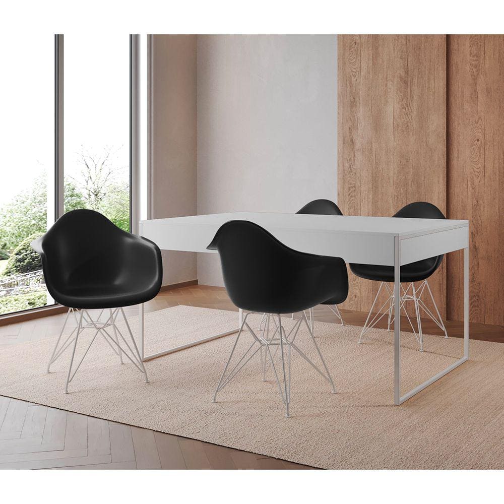 Mesa Jantar Industrial Filadélfia Branca 137x90cm com 4 Poltronas Eames Eiffel Pretas Base Ferro Bra