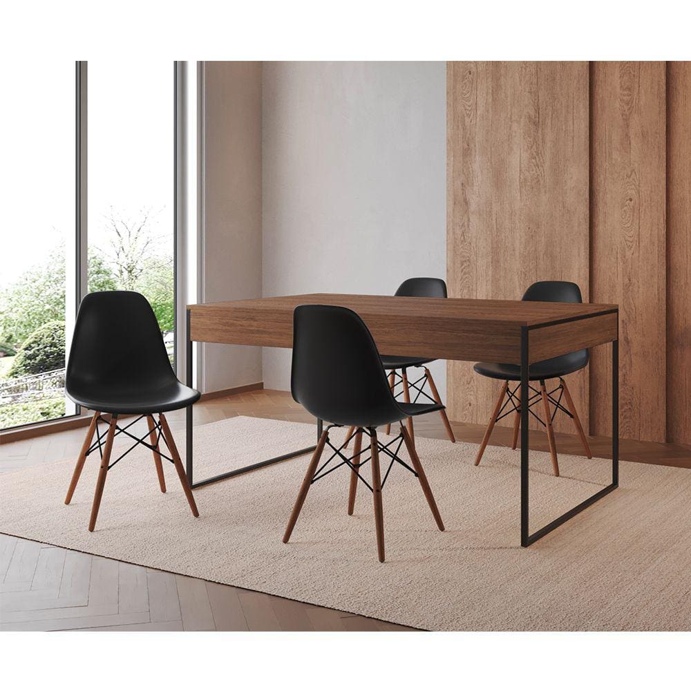 Mesa Jantar Industrial Retangular Filadélfia Amêndoa 137x90cm Base Ferro Preto com 4 Cadeiras Pretas