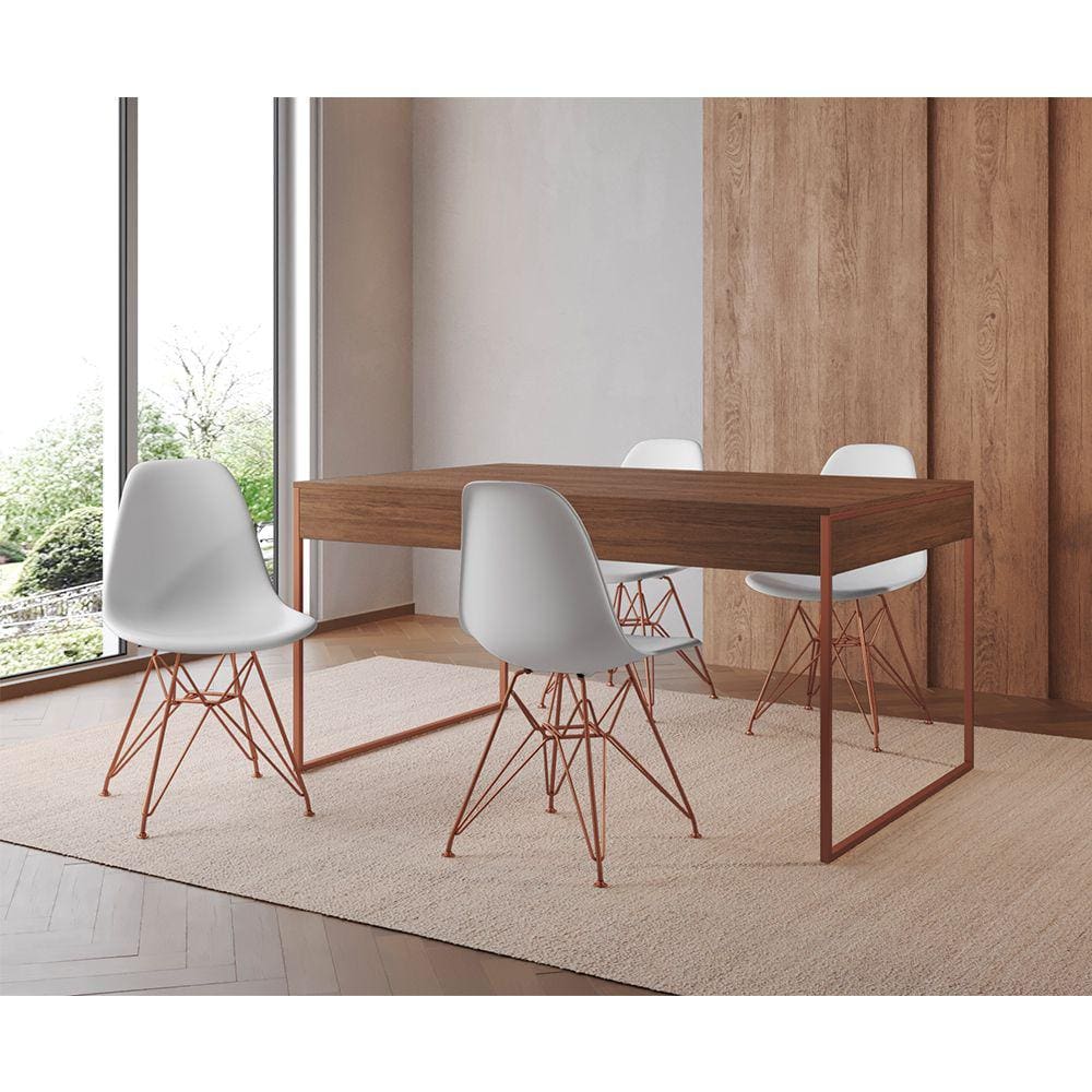 Mesa Jantar Industrial Retangular Filadélfia Amêndoa 137x90cm com 4 Cadeiras Brancas Eames Base Cobr