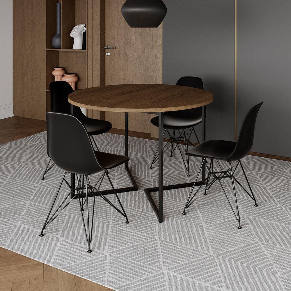 Mesa Industrial Jantar Redonda Amêndoa 110cm Base V com 4 Cadeiras Eames Pretas Ferro Preto