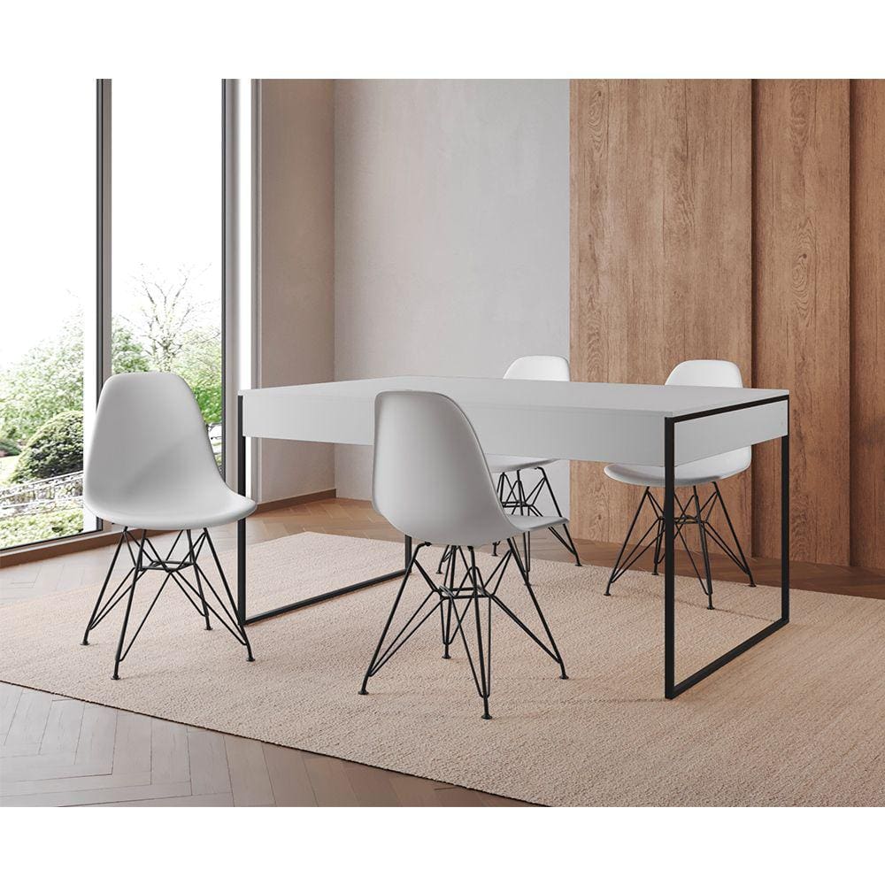 Mesa Jantar Industrial Retangular Filadélfia 137x90cm Branca com 4 Cadeiras Brancas Eames Base Ferro