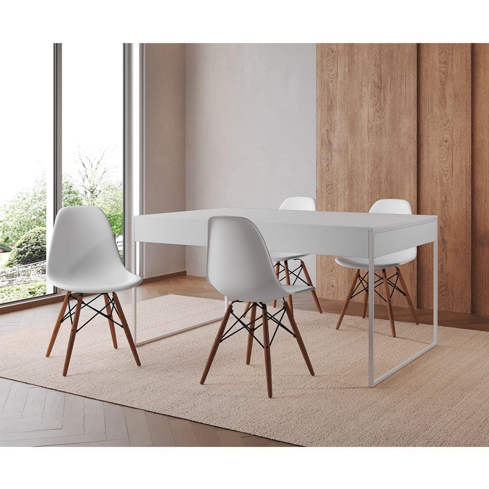 Mesa Jantar Industrial Retangular Filadélfia Branca 137x90cm Base Ferro Branco com 4 Cadeiras Branca
