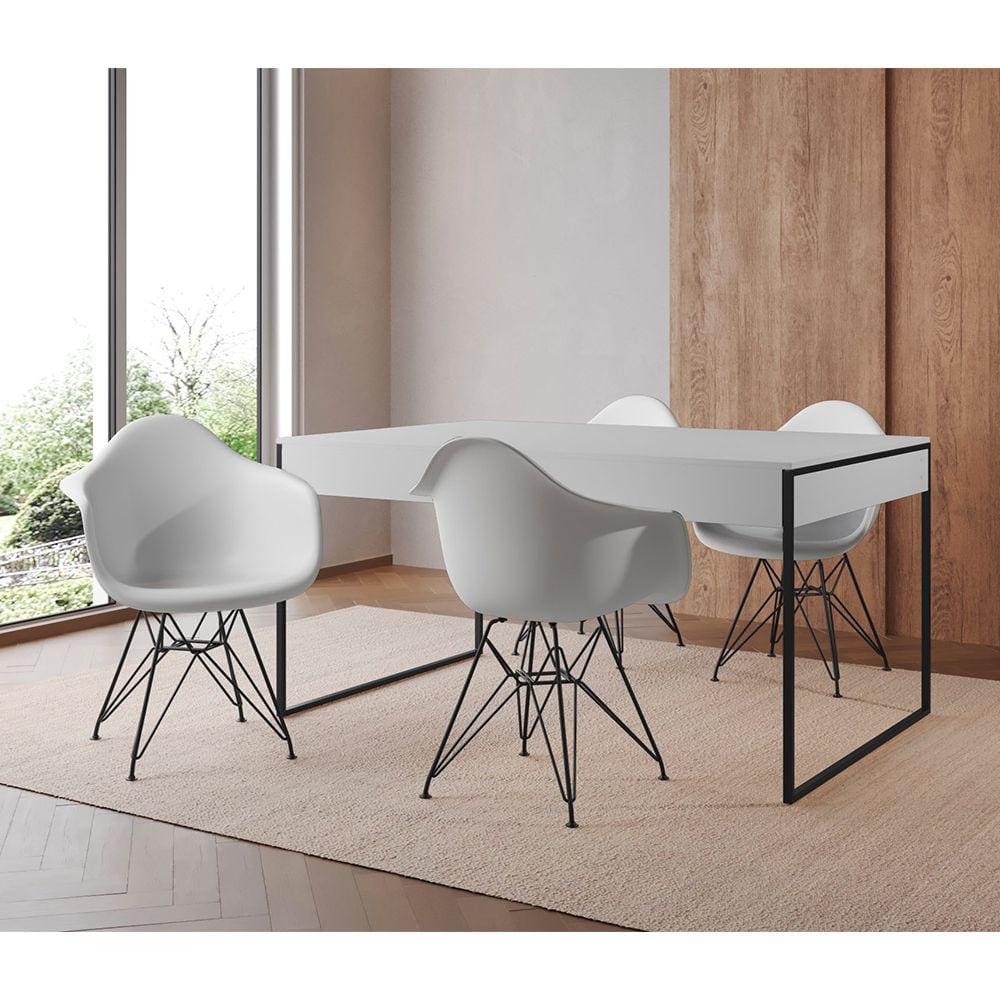 Mesa Jantar Industrial Filadélfia Branca 137x90cm com 4 Poltronas Eames Eiffel Brancas Base Ferro Pr