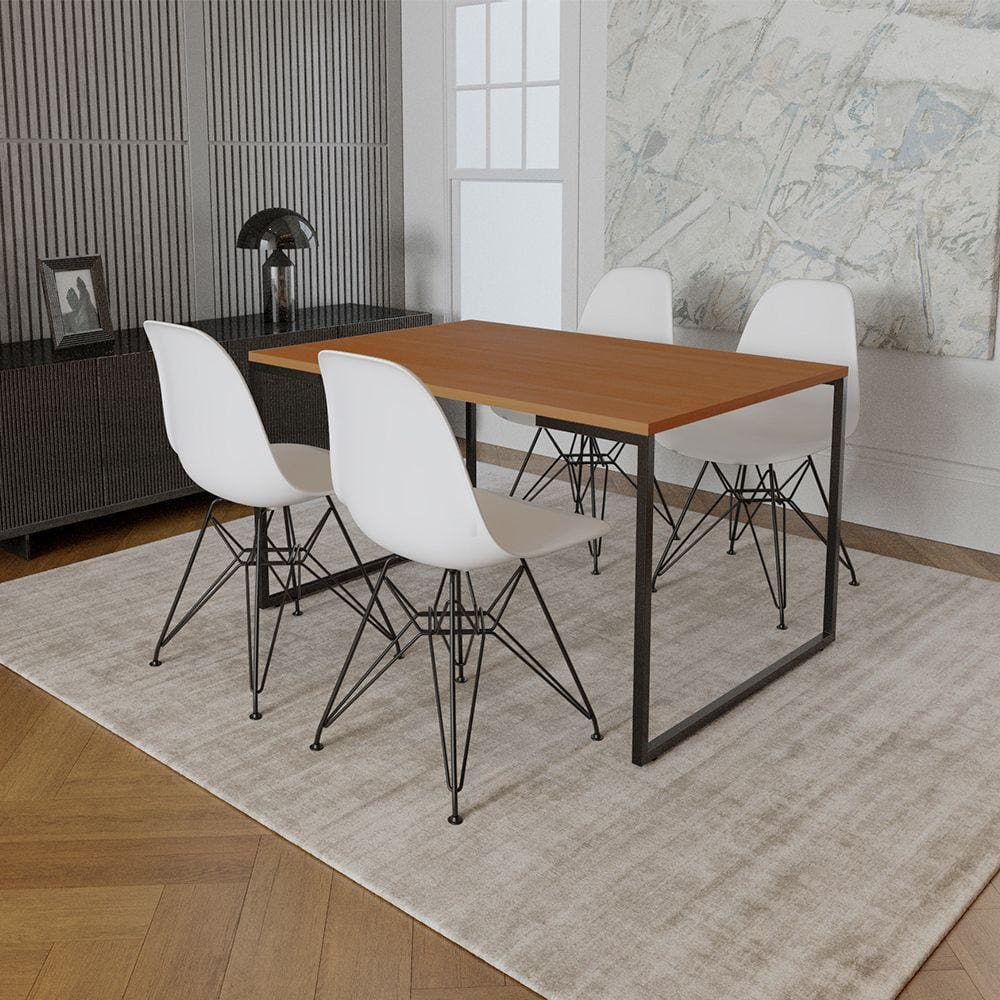 Mesa Industrial Base Ferro Preto Tampo 137x90 Canela 4 Cadeiras Ferro Preto Assento Branco