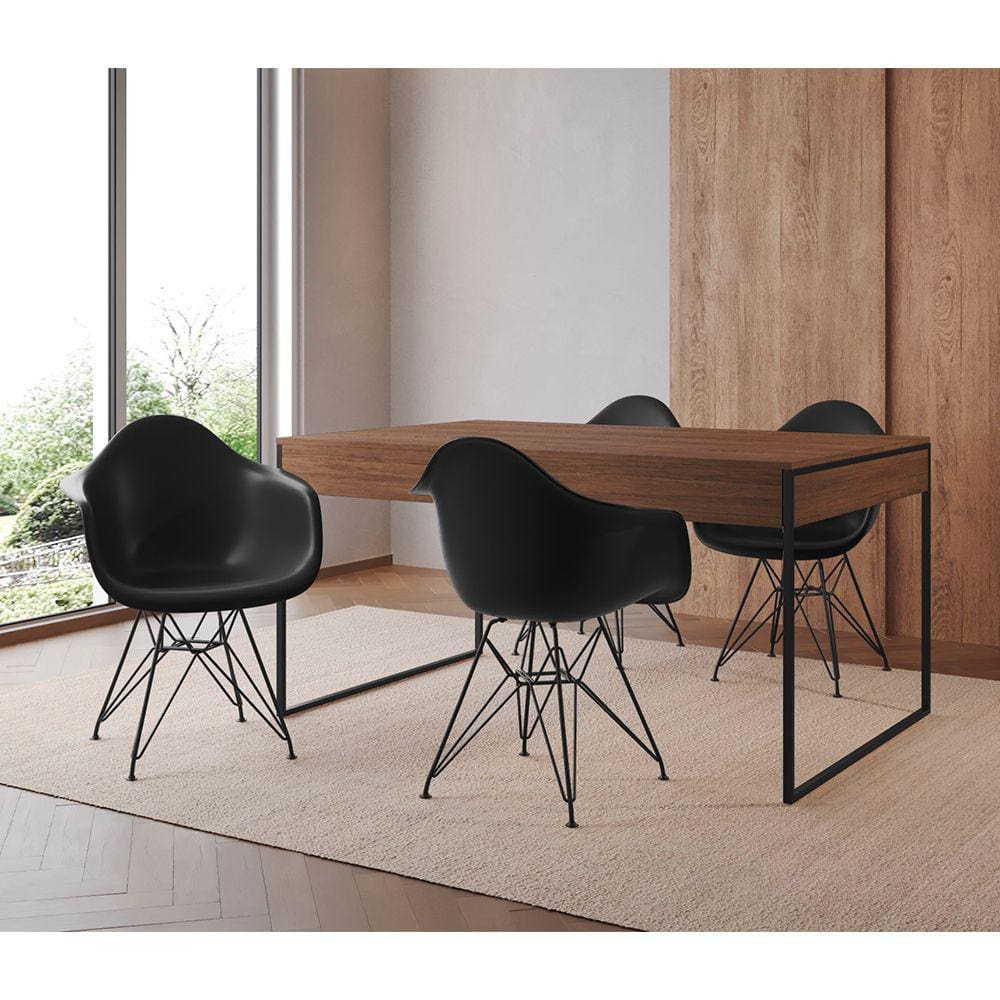 Mesa Jantar Industrial Filadélfia Amêndoa 137x90cm com 4 Poltronas Eames Eiffel Pretas Base Ferro Pr