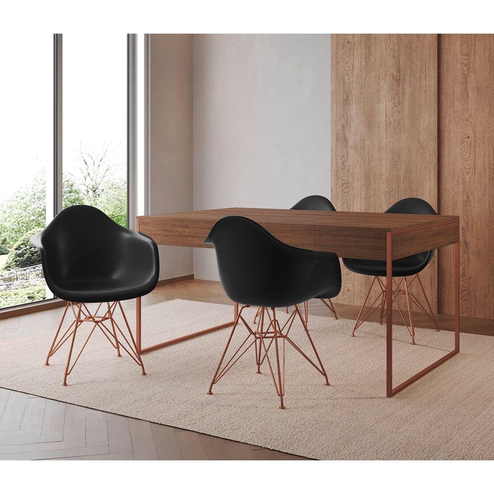 Mesa Jantar Industrial Filadélfia Amêndoa 137x90cm com 4 Poltronas Eames Eiffel Pretas Base Cobre