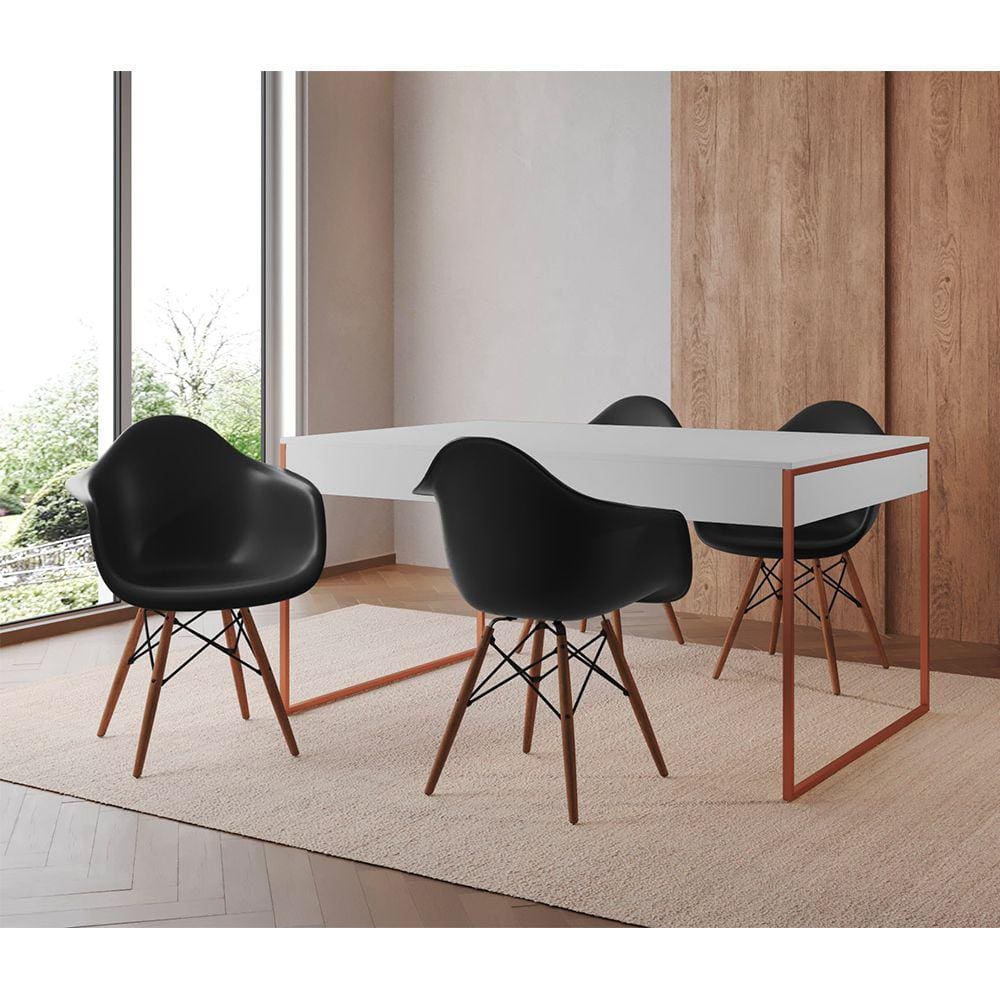 Mesa Jantar Industrial Filadélfia Branca 137x90cm Base Cobre com 4 Poltronas Pretas Eames Eiffel Mad