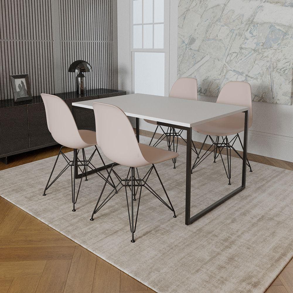 Mesa Industrial Base Ferro Preto 137x90 Tampo Branco 4 Cadeiras Eiffel Ferro Preto Assento Branco