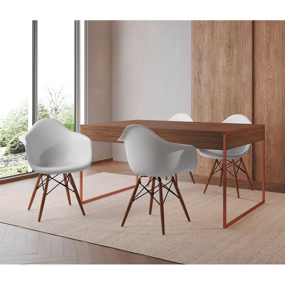 Mesa Jantar Industrial Filadélfia Amêndoa 137x90cm Base Cobre com 4 Poltronas Brancas Eames Eiffel M