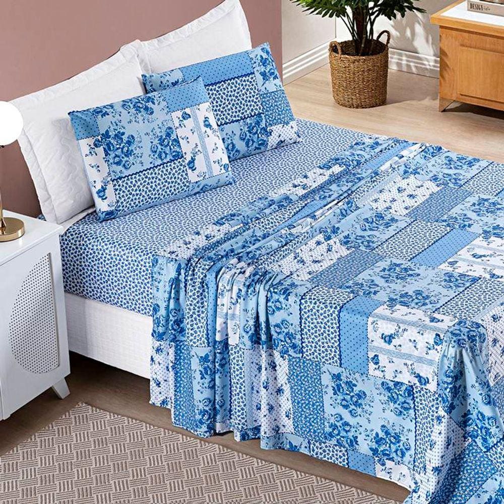 Jogo de Lençol Queen Bouti Estampado 4 Peças - Azul Sereno