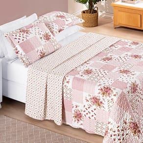 Colcha Casal Padrão Bouti Estampada Dupla Face 3 Peças - Rosa Matura