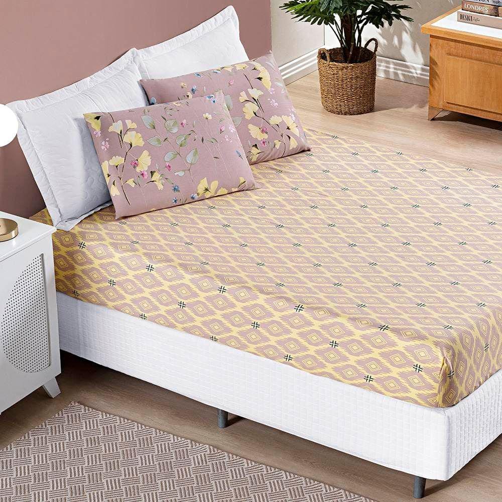 Jogo de Lençol Casal Padrão Bouti Estampado 3 Peças - Lavanda