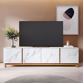 Rack para TV até 82 Polegadas 4 Portas Marmorizado Ibiza Yescasa Off White Matte/Calacatta/Freijó