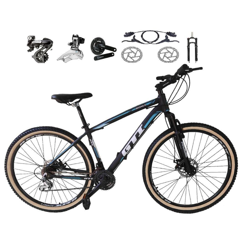 Bicicleta aro 29 Gti Roma Shimano Altus 24V Freio a Disco Hidráulico Garfo com Trava Pneu com Faixa Bege - Preto\\Azul