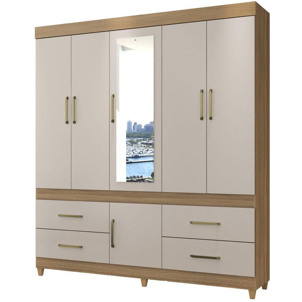 Guarda-Roupa Casal Demóbile Guarujá 6 portas 4 gavetas com espelho e pés Amendola Touch Off White 140