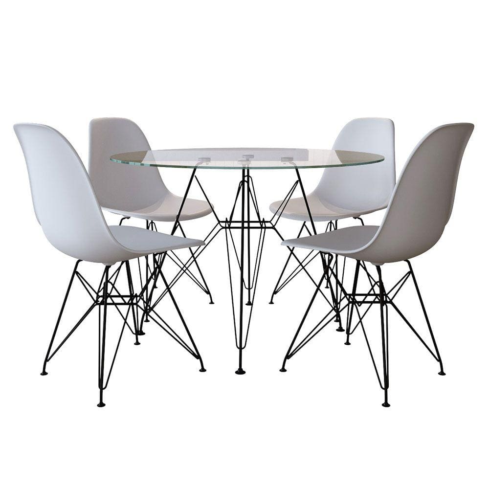 Mesa de Jantar com 4 Cadeiras Brancas Eames Eiffel Tampo Vidro Redondo 90cm Base de Ferro Preto