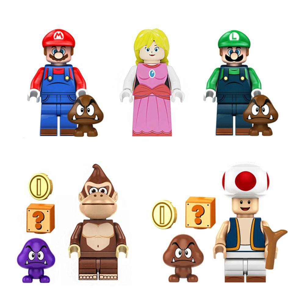 Kit Bonecos Super Mario Bros Luigi Princesa Peach Toad Donkey Kong Game Bloco  De Montar