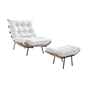 Poltrona Costela Em Couro Natural Com Puff Branco Cor Branco