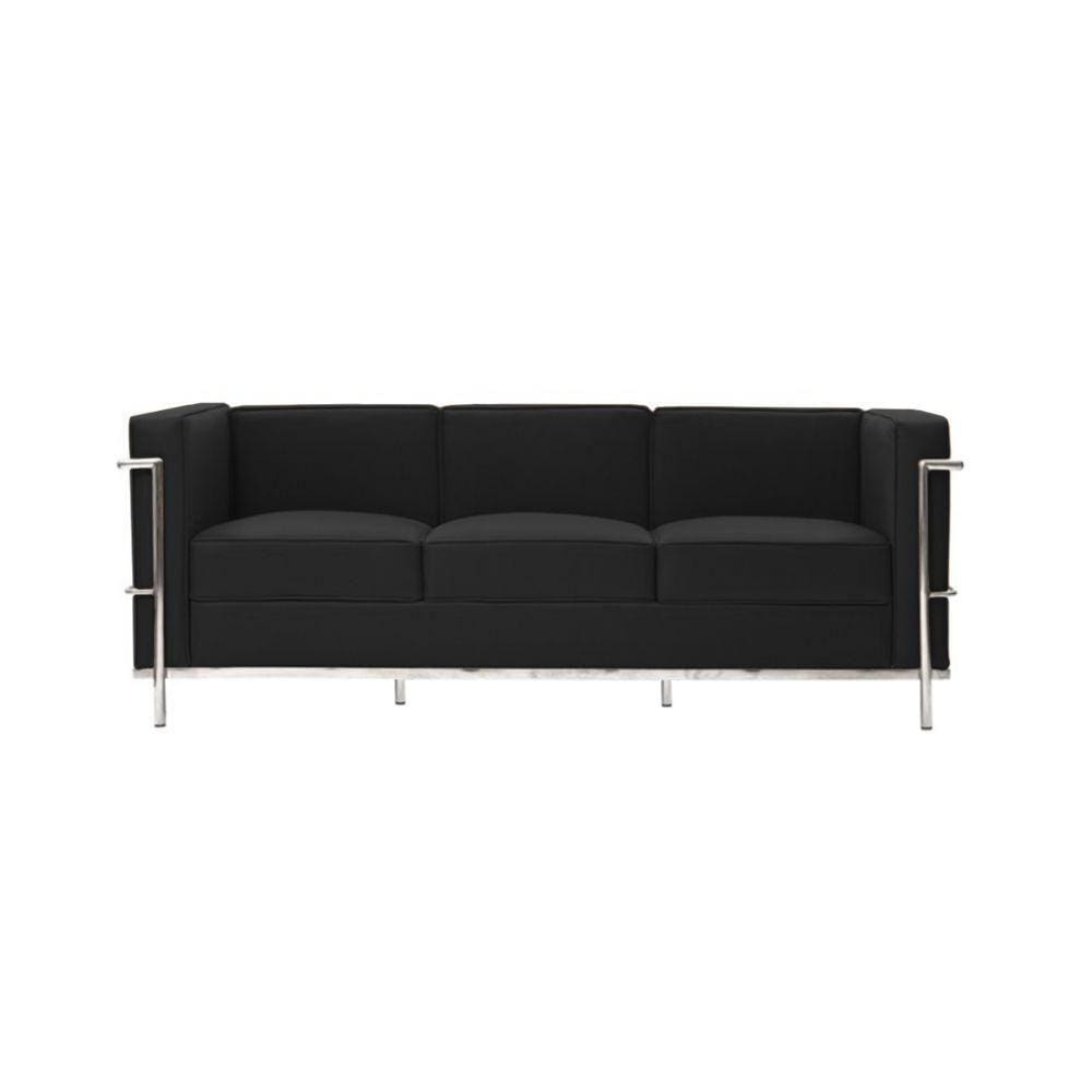 Sofa Le Corbusier 3 Lugares Cromado Em Couro Natural Preto Cor Preto