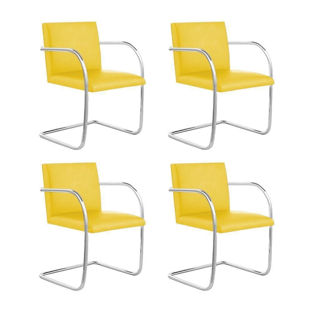 Kit 4 Cadeiras Brno Para Escritório Couro Sintético Amarelo Tubular Cromada Cor Amarelo