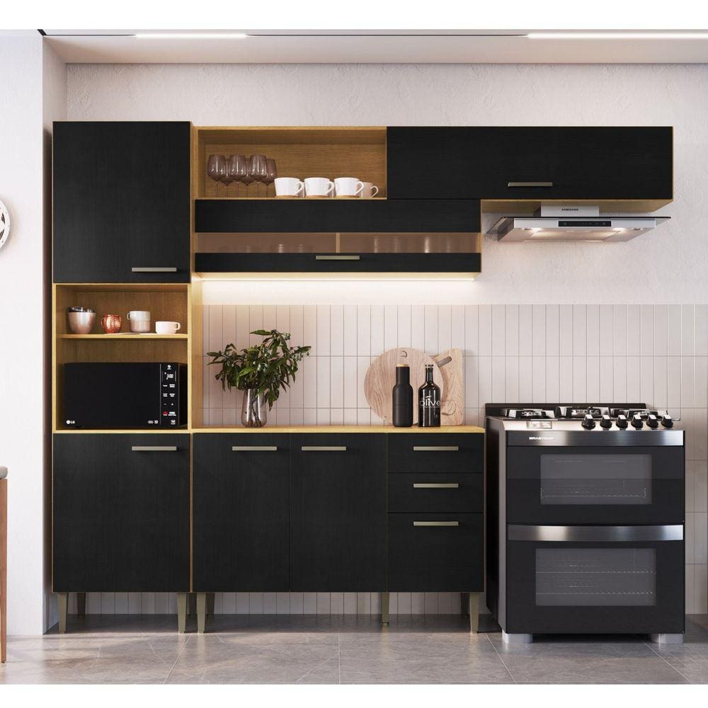 Cozinha Compacta 7 Portas 2 Gavetas 1 Nicho para Forno Isabela Móveis Cadorin Freijó/Ébano