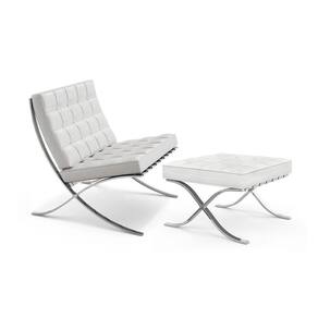 Poltrona Barcelona Couro Natural Com Puff Inox Branco Cor Marrom