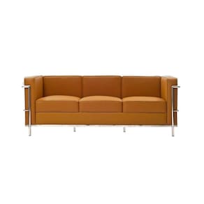 Sofa Le Corbusier 3 Lugares Cromado Em Couro Natural Caramelo Cor Amarelo