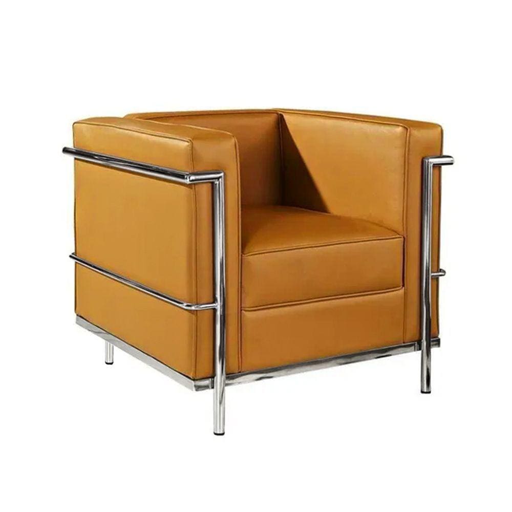 Poltrona Le Corbusier Inox Em Couro Natural Caramelo Cor Amarelo