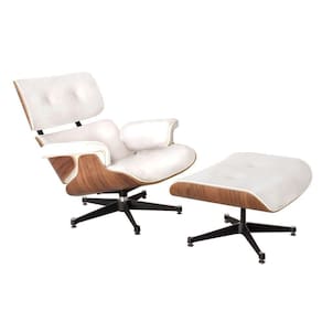 Poltrona Charles Eames Couro Com Puff Base Aluminio Branco Cor Branco